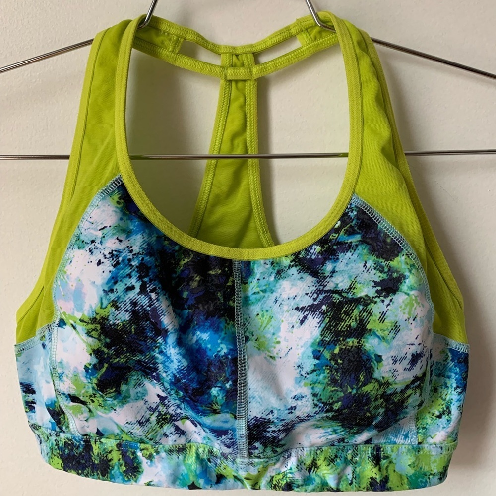 Athleta Neon Green Abstract Floral Sports Bra XS